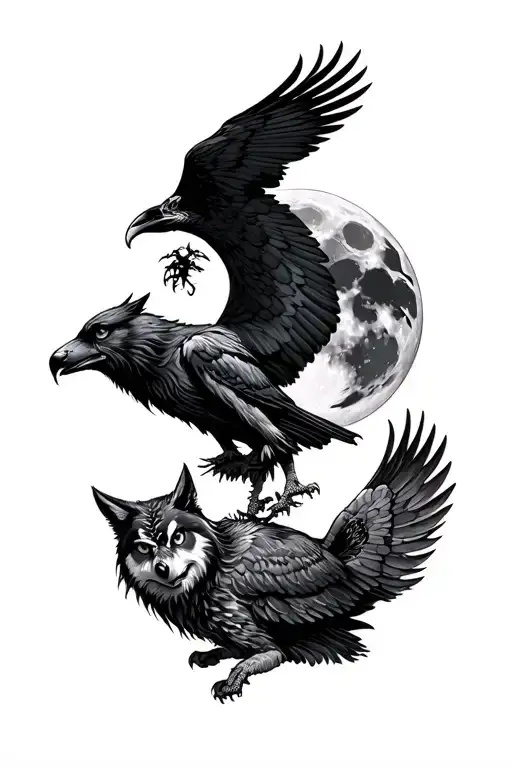 Wolf, crow and owl blended into each other with the moon and an eagle covering all with its wings tattoo design idea