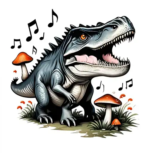 dinosaur music notes and mushrooms tattoo design idea