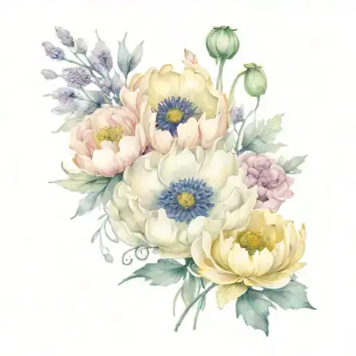 poppy, chrysanthemum, honeysuckle, carnation bouquet tattoo design idea