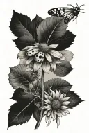 Daisy flower, ladybug perched, Aspen tree silhouette tattoo design idea