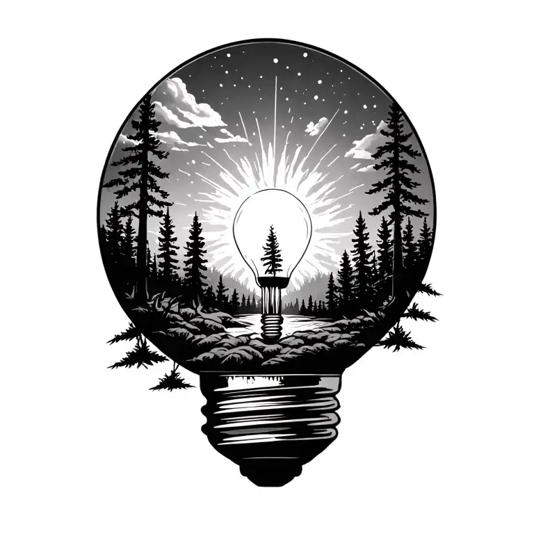 northern forest nature scene with a lightbulb as the sun  tattoo design idea