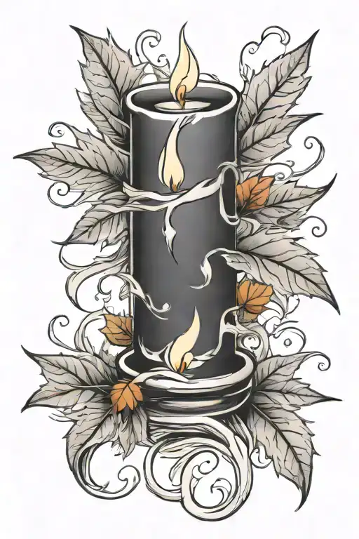 autumn leaves in the wind swirling around a thin burning candle tattoo design idea