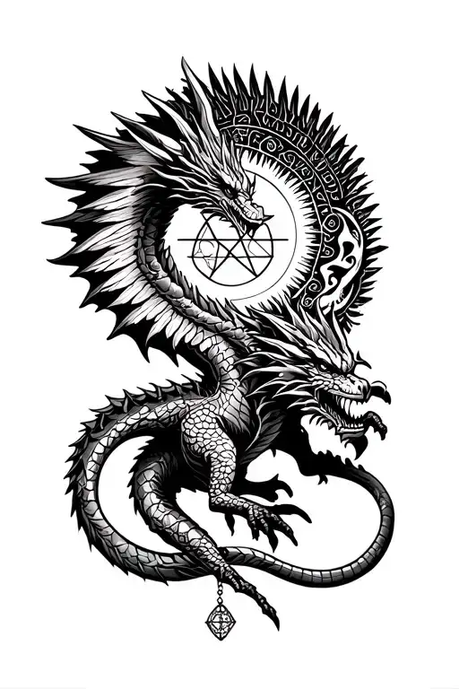 dragon on calf with pentagram hanging from wings and a moon and sun background  tattoo design idea