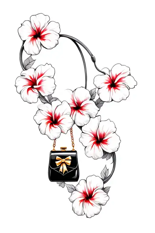 multiple hibiscus flowers around black purse and gold bow tattoo design idea
