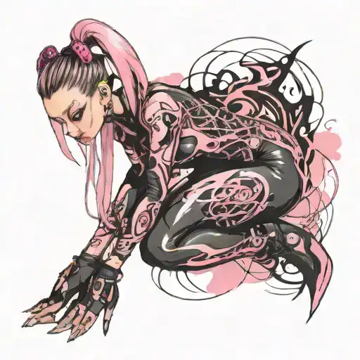 Petite sexy Girl, huge butt, average boobs, pink skin tight latex jumpsuit, pink eyes, pink really long pigtails. sexy tattoo design idea