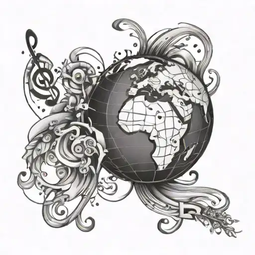 A surreal tattoo of a globe with musical notes and sign language hands floating around it, symbolizing the client's love for travel and music tattoo design idea