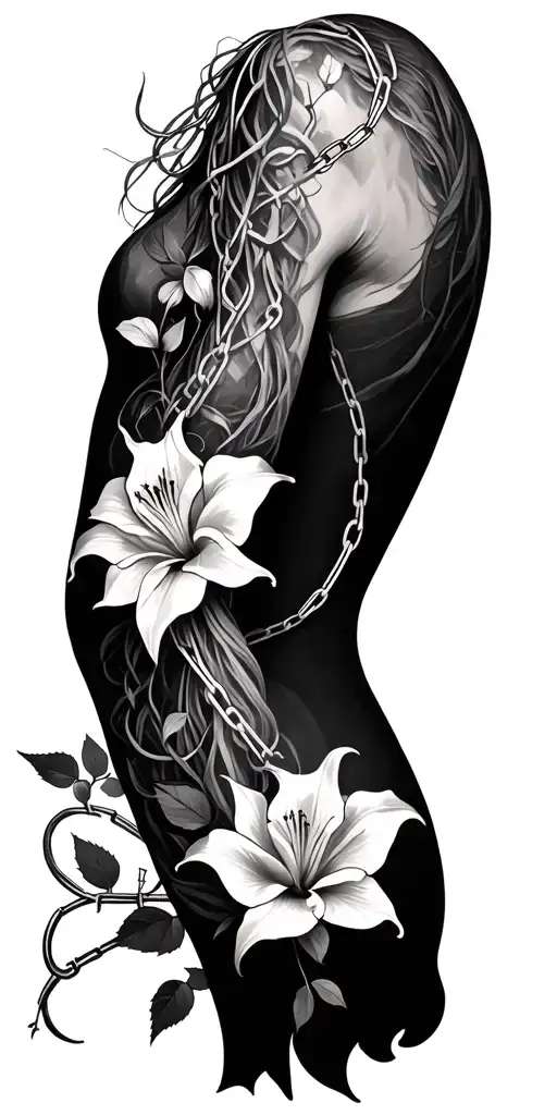 Create a full sleeve including vines, chains, spider lilies, and a few roses that starts from the shoulder and twist dow tattoo design idea