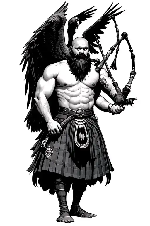 muscular bagpiper bald black beard black huge wings on his back playing the bagpipes flying crow with claws tattoo design idea