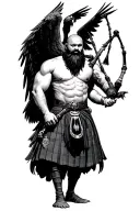 muscular bagpiper bald black beard black huge wings on his back playing the bagpipes flying crow with claws tattoo design idea