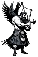 muscular bagpiper bald black beard black huge wings on his back playing the bagpipes flying crow with claws tattoo design idea