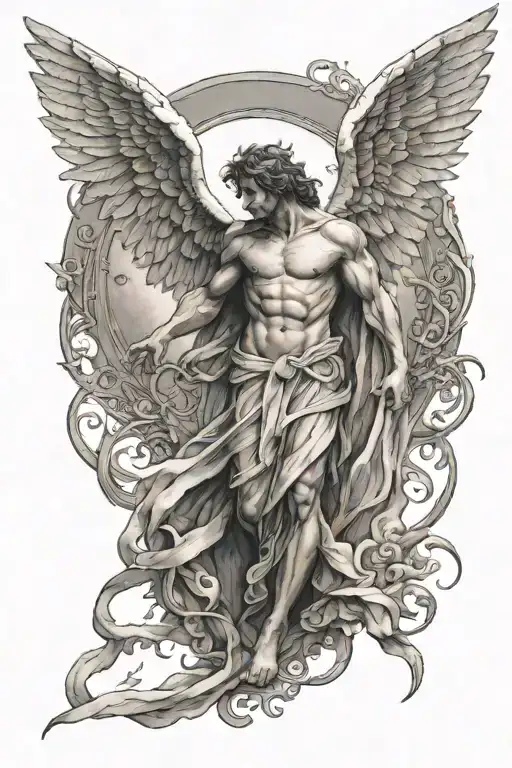 the fallen angel painting inspired sleeve plus some greek mythology tattoo design idea
