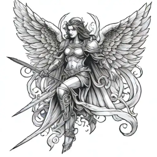 angel, warrior, fire tattoo design idea