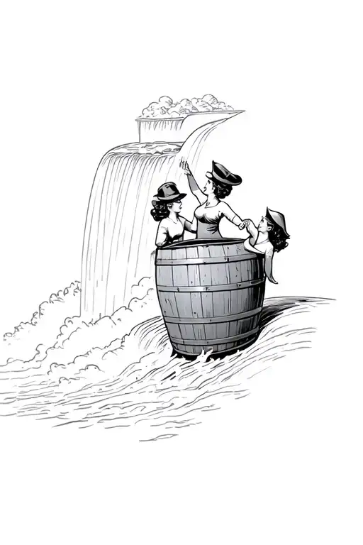 barrel falling down Niagara Falls with silhouette of girls in barrel holding a captains hat tattoo design idea