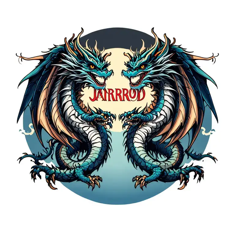 "Jarrod,Mitchell,Annie,Matthew" dragon wings out facing forward tattoo design idea