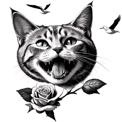 british shorthair cat with rose in his teeth grinning with 3 seagulls behind him tattoo design idea