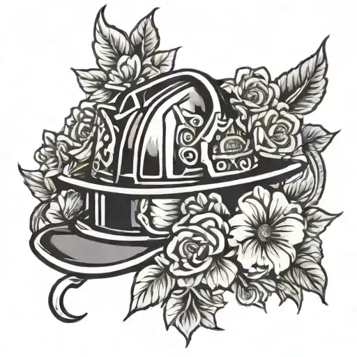 Firefighter helmet with flowers intertwined tattoo design idea