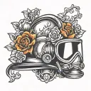 Firefighter helmet with flowers intertwined tattoo design idea