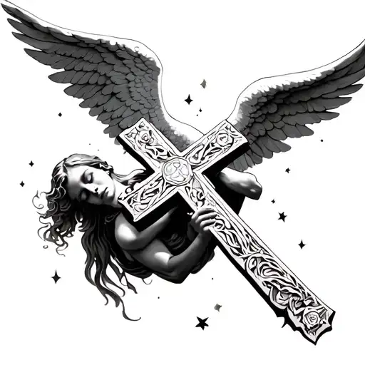 angel falling down holding a cross tattoo design idea