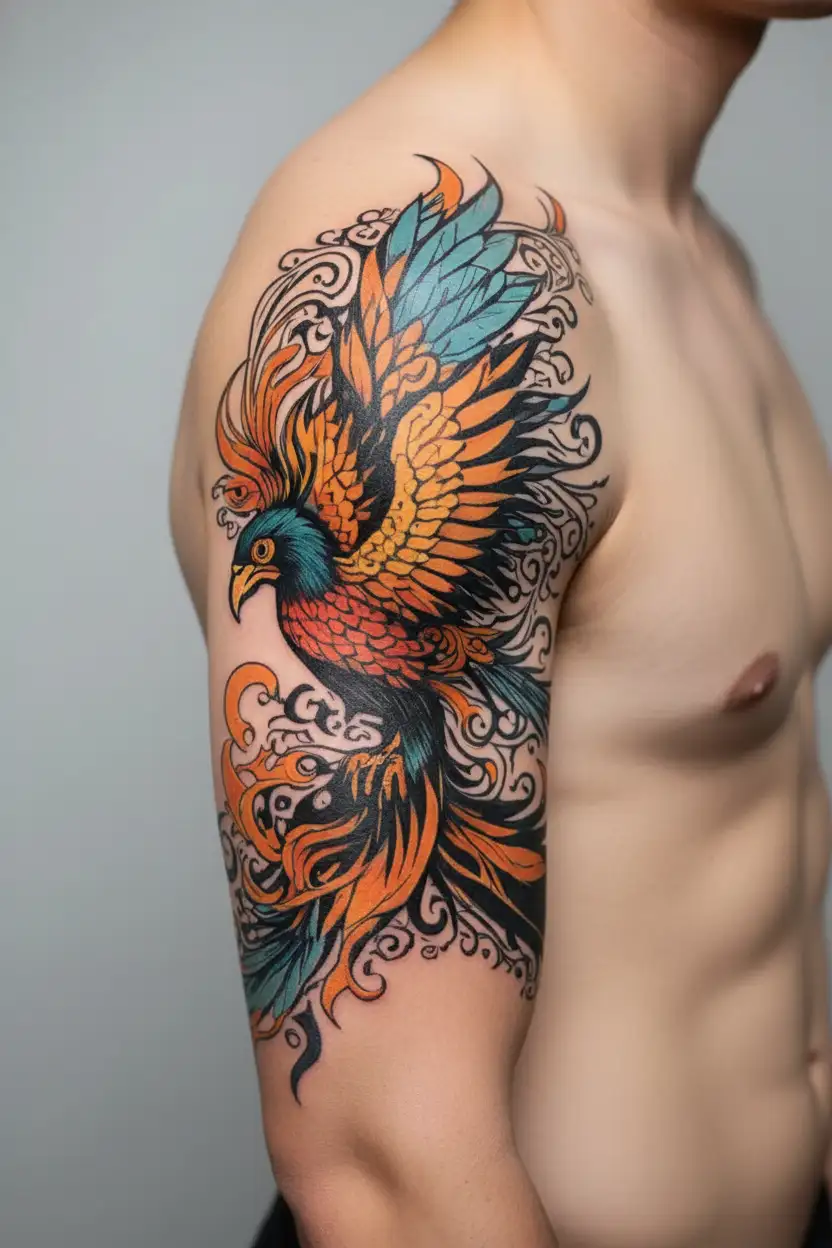 vibrant colors Phoenix very determined look shaking off ashes symbolizing overcoming life struggles tattoo design idea
