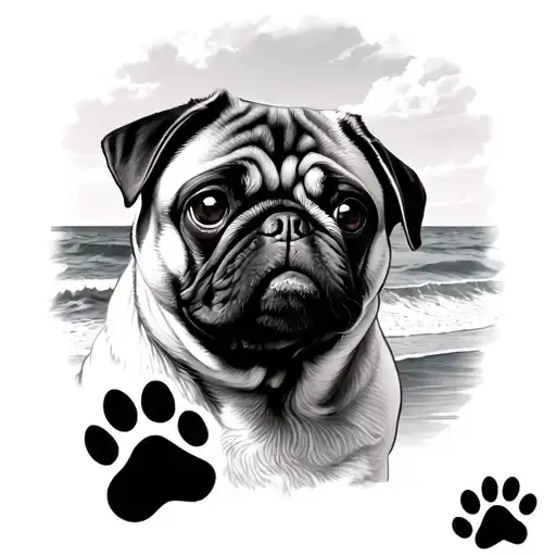 Realistic Tattoo in memory of pug passing away, include portrait of pug, the ocean or beach, and an ink paw print  tattoo design idea