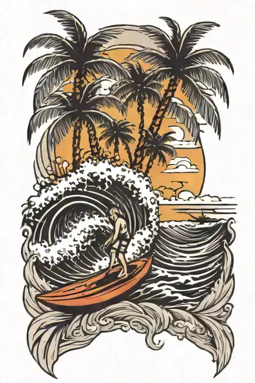 half sleeve beach view tattoo with palm trees and surfing with waves realistic black and white tattoo design idea