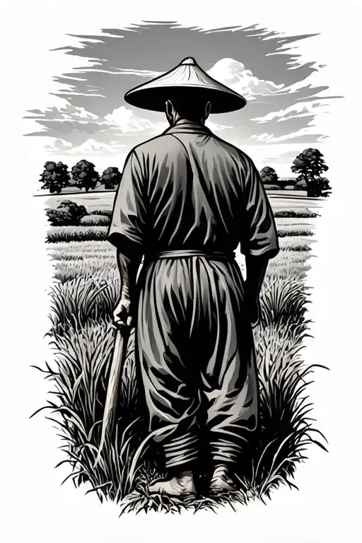 old Chinese farmer working in field facing away tattoo design idea