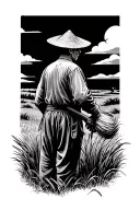 old Chinese farmer working in field facing away tattoo design idea
