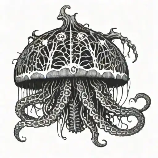 grotesque,demonic,x-ray jellyfish with bones and sharp tentacles tattoo design idea