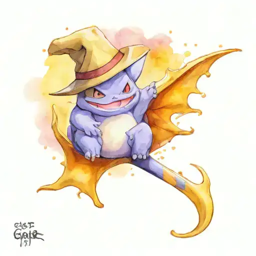 gengar with a straw hat riding dragonite tattoo design idea
