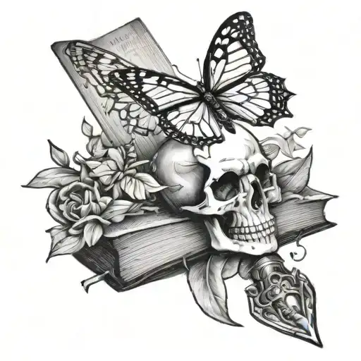 skull stabbed my dagger over a book with monarch butterflies tattoo design idea