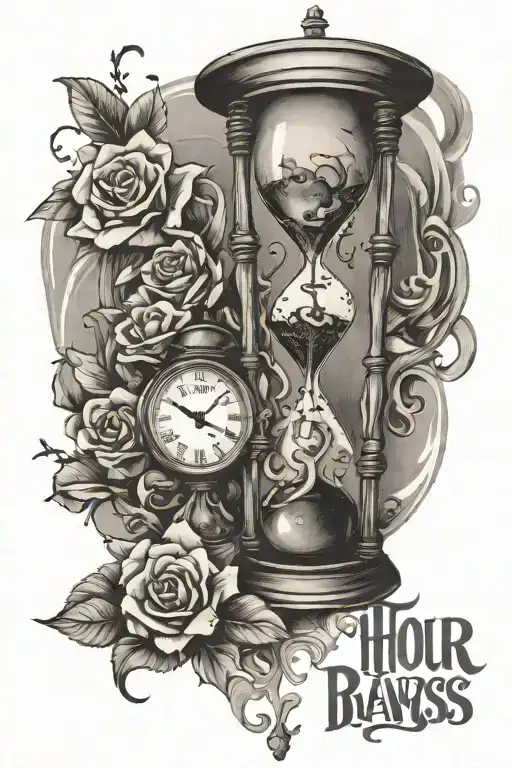 hour glass with broken clock and quote tattoo design idea
