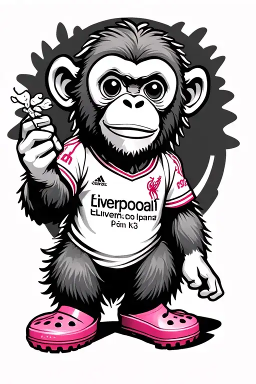 A cute monkey wearing a liverpool jersey and pink crocs. Holding a joint in the left hand. in the background there is a  tattoo design idea