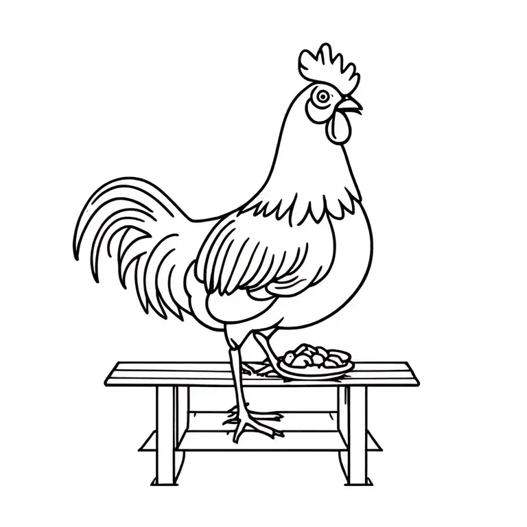 Rooster standing on park bench eating food tattoo design idea