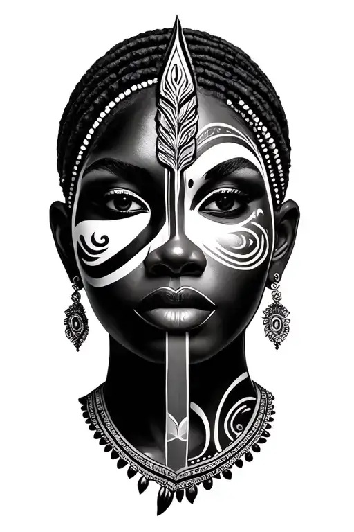 beautiful African woman war paint half mask. facing front. spear tattoo design idea