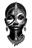 beautiful African woman war paint half mask. facing front. spear tattoo design idea