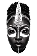beautiful African woman war paint half mask. facing front. spear tattoo design idea