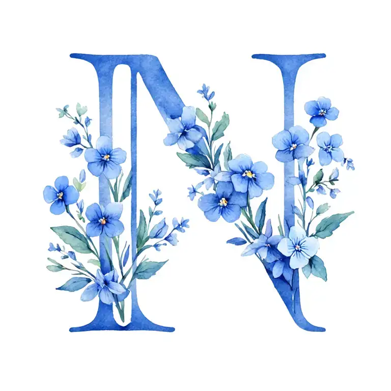 lacy font Letter N made of blue forget me knots flower tattoo design idea