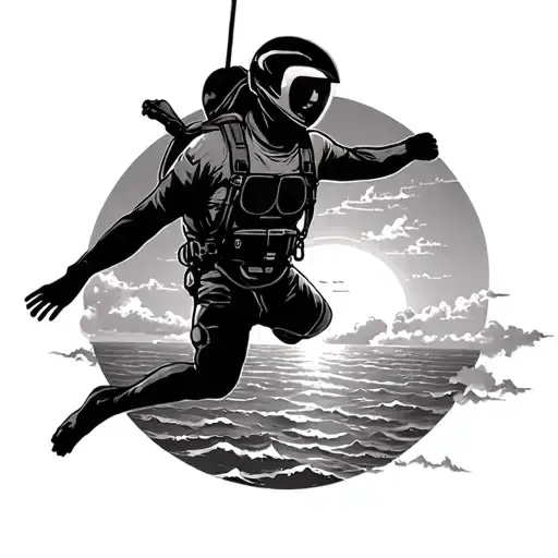 skydiver into the ocean through cloud into ocean with sun in the background tattoo design idea