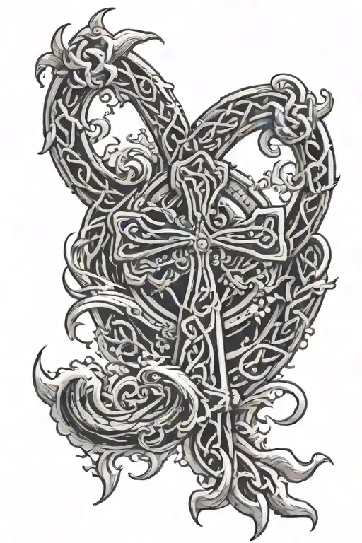 Raging sea with korrigans in Brittany with ermine triskel Celtic cross tattoo design idea