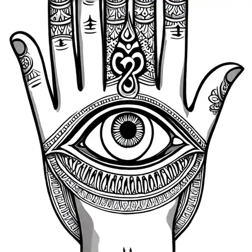 hand of hamsa, with eye of horus, AUM symbol, in the three tall fingers, sigil of love, prosperity and health tattoo design idea