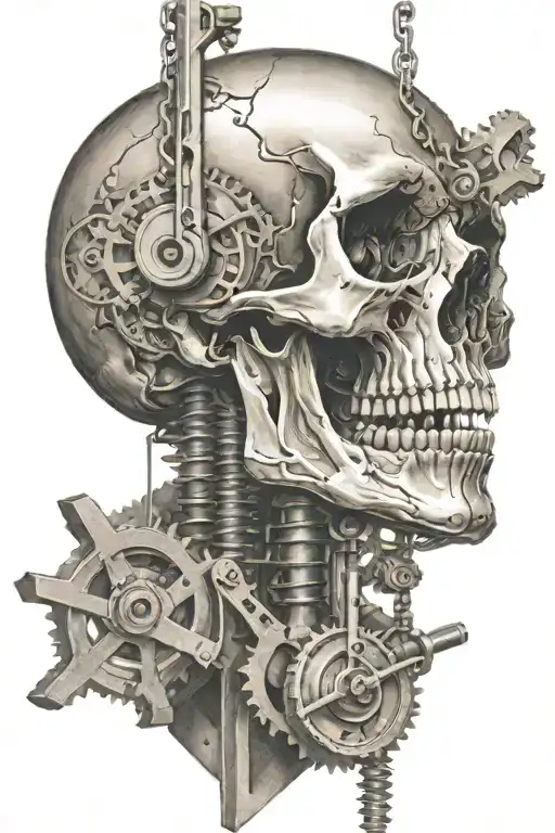 skull pendulum hanging from complex machine on a beam with gears   tattoo design idea