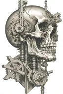 skull pendulum hanging from complex machine on a beam with gears   tattoo design idea