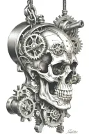 skull pendulum hanging from complex machine on a beam with gears   tattoo design idea
