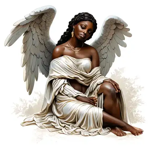 guardian angel of a African woman sitting tattoo design idea