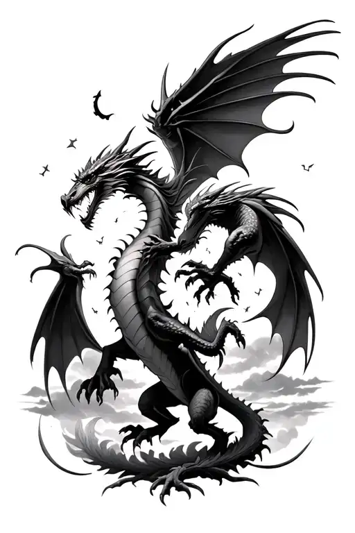 A fantasy scene of a dragon and a griffon fighting each other in a night sky. tattoo design idea