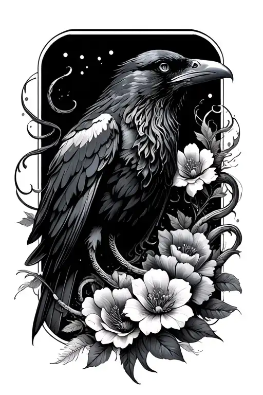 raven, medusa, flowers, waves, and feathers falling tattoo design idea