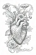 abstract design human heart, poppies, anemones, mushrooms, love and the letters J and C tattoo design idea