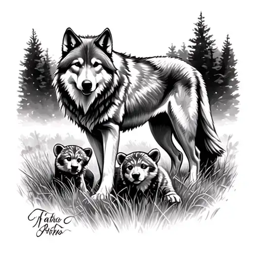 alpha wolf standing over cubs playing in a field tattoo design idea