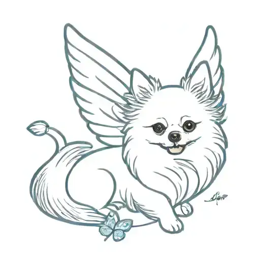 Pomeranian dog with angel wings and a blue butterfly flying tattoo design idea