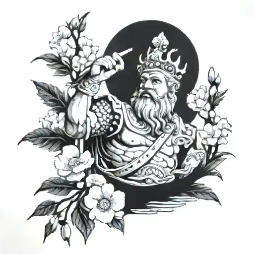 King Neptune statute with cherry blossoms, orange blossoms, and buckeyes tattoo design idea